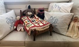 Embroidered Good Night pillows, Black Americana Dolls, Doll bed and bedding.