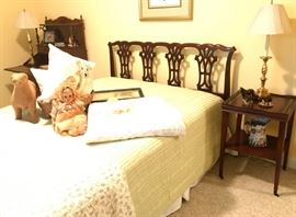 Vintage double bed, Leather inlaid side table, Vintage doll, Table lamp, Antique ceramic pitcher, Desk, more.