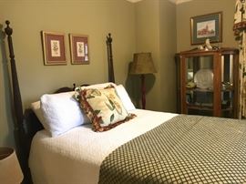 Four poster mahogany bed, Framed prints, Oak curio cabinet, floor lamp, linens, more.