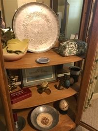 Aluminum tray, Vintage Hull teapot, Andrea blue & white ceramic box, brass sailing related items, Photo of PT59, Candlesticks, Farberware bowl with Triumph Limoges porcelain insert, other decor.