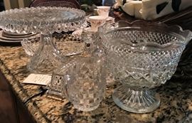 Fostoria American pattern cake plate with brandy well, Large compote, glass butter dish, more