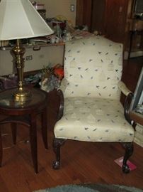 ARM CHAIR UPHOLSTERED IN BLUE BIRD  MATERIAL 