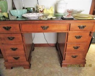 Maple Young Republic with glass top Desk loaded with Vintage planting flower pots, Pressed Glassware, Depression Glassware, etc.