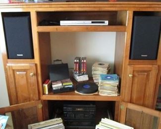 TV/Entertainment Cabinet, Speakers, Vintage Record Albums, CD'S, Tapes, etc.  