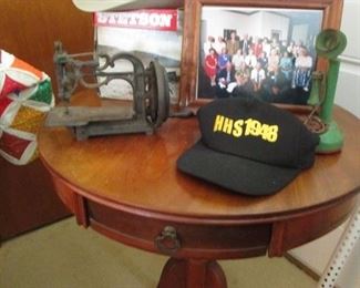 Antique Round Table,  Antique manuel Sewing Machine, Stetson Hat with Box (New), Electric Vintage Fans, Toy, Metal child's phone....