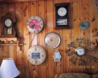 Several Walls of Clock Collection...Take a LOOK at the "Kendall" & Jersey Farms" Clock.  Antique Mantle Clocks,  Late 50's 60's unique metal clocks, etc. 