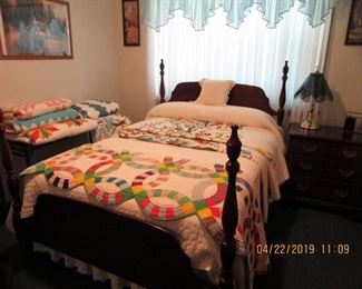 40 Plus Handmade Quilts, Sewing Machine, Threads, Notions, Material, Patterns, Books, Sewing  Carrier's, lots of items to make your quilts....Beautiful Double Bed.....Cresent Cherry.... 