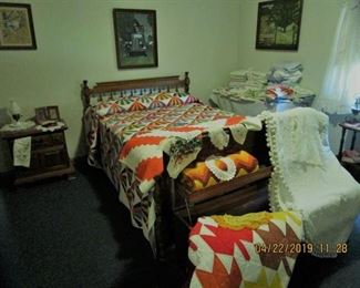 Maple Bed with more & more BEAUTIFUL QUILTS, Hobnail small lamp,  linens, framed pictures/artwork, Lane Cedar Chest..