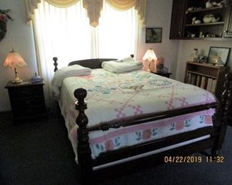 Queen  "Cresent Cherry Furniture", Beautiful detailed hand/made quilts, lamps, linens, artwork...home decor accessories, books, ladie's clothing & men's clothing.  White French Upholstered Chair...