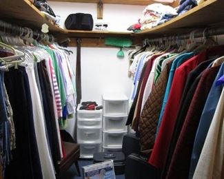 Ladies  slacks, shoes, handbags, coats, jackets, tops, etc.. blankets, sheets, etc....storage bins.. etc..