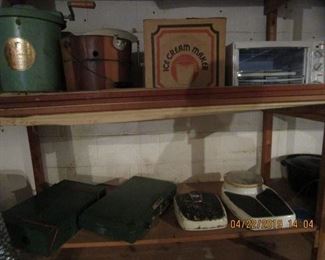 Walls stg. shelving  (FULL) small appliance, cast iron, vintage ice cream maker's, several small oven appliances... Make plans to stay at this sale...  