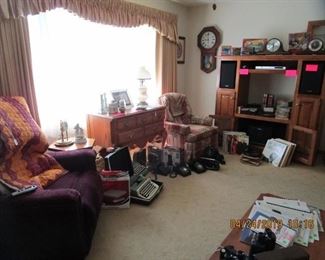 2nd Living Room Full of Great Collections, Sofa, Like New Upholstered Recliner/Lift, Chest, Lamps, Vintage Typewriters. "Lots of Historical Books/Pamblets, etc. HISTORY of Hendersonville... Vintage... 1945, 46, 47 & 48 Hendersonville School Albums,  Vintage Telephone's, Coffee Table, etc. 