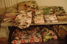 A LARGE COLLECTION OF 1940'S-1950'S , BARK CLOTH CURTAINS--TROPICAL FLOWERS AND GEOMETRIC PATTERNS