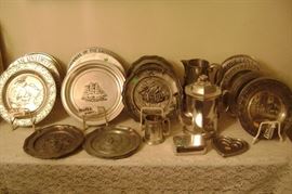 PEWTER PLATES AND ASSORTED PITCHERS