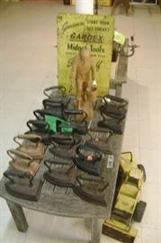 LOTS OF 1800'S IRONS AND A STEEL "GARDEX" GARDEN HAND TOOL SIGN---OLD TONKA TRUCK
