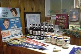 CARDBOARD WATER COMPANY AD SIGN---BLATZ AND HAMMS BOTTLE--ASSORTED BAR GLASSES TOO