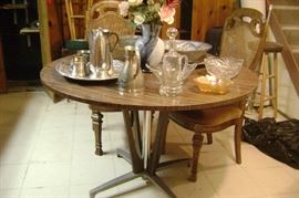 MID CENTURY LAMINATE TOP KITCHEN TABLE---COOL WOOD AND METAL LEGS--ASSORTED LARGE PEWTER BOWLS AND PLATTERS TOO 