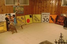 1970'S MARINE STEEL ENLIST SIGN---DOUBLE SIDED PICTURE---ASSORTED STEEL STREET ROAD SIGNS---THE MID CENTURY COFFEE KIDNEY TABLE HAS A CHIP ON THE GLASS AND THE LEGS ARE WATER DAMAGE--MAYBE YOU CAN BRING IT BACK TO LIFE ???---SMALL BRASS CHANDELIER TOO