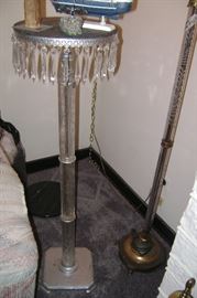 ETCHED CUT GLASS PEDESTAL WITH GLASS PRISMS FOR DISPLAYING FINE ART---ALSO A MATCHING FLOOR LAMP WITH THE MATCHING CUT GLASS ETCHED POST