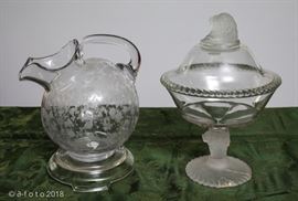 Vintage glass jar and art deco glass candy dish