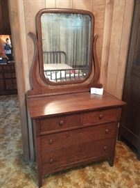 Antique Oak Vanity Dresser with Beveled Mirror