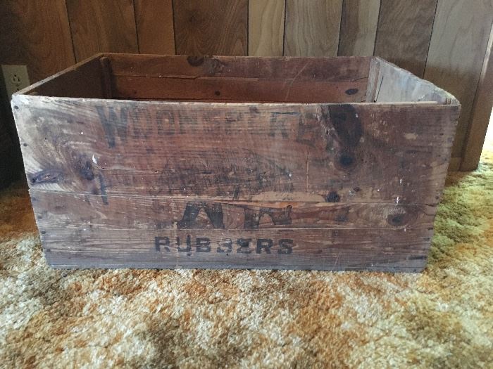 Rare antique “WOONSOCKET RUBBERS” shipping crate. 
This is a rare attic find. 
Original graphicsRare antique “WOONSOCKET RUBBERS” shipping crate. 
This is a rare attic find. 
Original graphics with advertisement.
This crate originates from 1900-1910