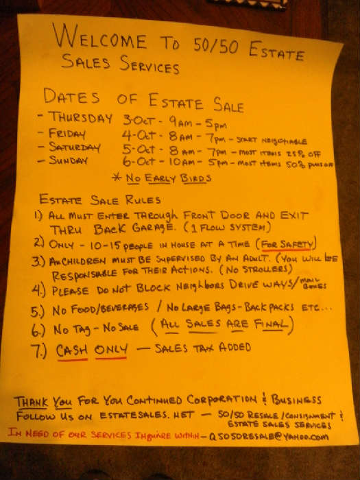 Rules of our sale....Please read .....Thank You......5050Resale & Estate Sale Service...Need help w Your Loved Ones Home and Estate sale ?.....We can do....Ask to see our referrals...Follow us on this site....We even do Garage sales for you.....Thank You  5050 Resale