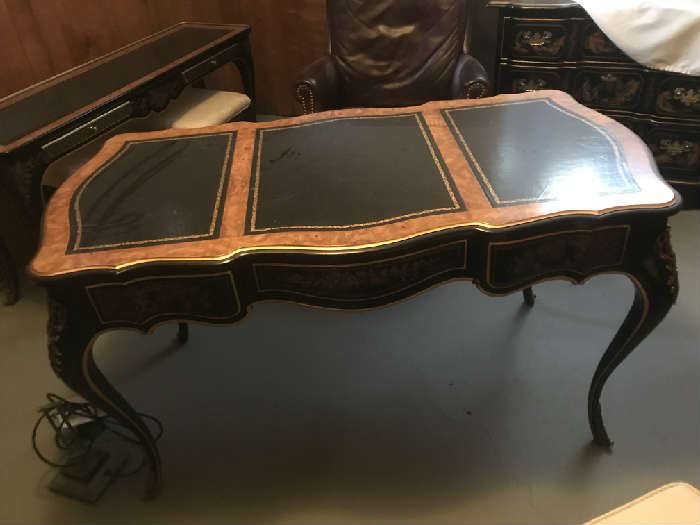 Drexel Master Craft office desk, side board, chest and pair of side chairs with a leather chair to match with mirror/ oriental flair