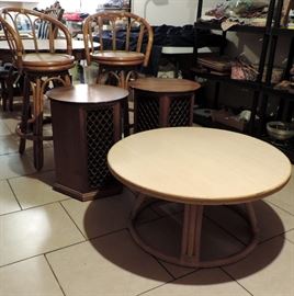 FURNITURE: VINTAGE RATTAN TABLE, PAIR OF RETRO SPEAKERS/SIDE TABLES, PAIR OF RATTAN BARSTOOLS