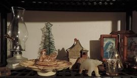 OIL LAMP, EGG PLATE AND STONE BEAR