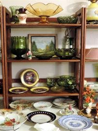 GREEN GLASSWARE, CHINA PLATES AND BLOWN AMBER BOWL