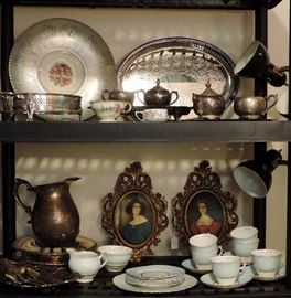 SILVERPLATE ITEMS, CHINA DESSERT SET & PAIR OF SILK FRAMED PORTRAITS