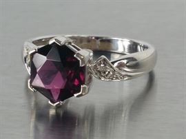 Rare ~3 CT Grape Garnet and Diamond Ring in 18k White Gold
