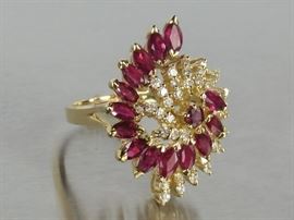 Natural Ruby and Diamond Swirl Estate Ring in 14kt Yellow Gold
