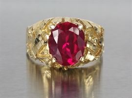 Bold Ruby and 14k Yellow Gold Nugget Styled Men's Ring
