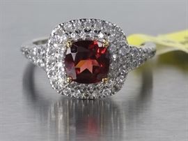 Gorgeous Garnet and White Zircon Halo Sterling Silver Estate Ring
