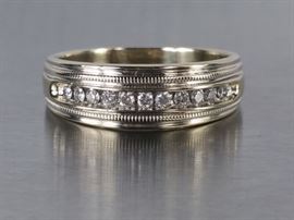 Men's Milgrain Diamond Channel Set Wedding Ring in 14k White Gold
