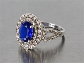 Blue and White Sapphire Halo Estate Ring in Sterling Silver
