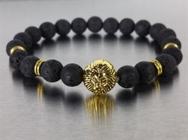 Men's Natural Lava Rock Bead Bracelet with Golden Colored Lion and Accents
