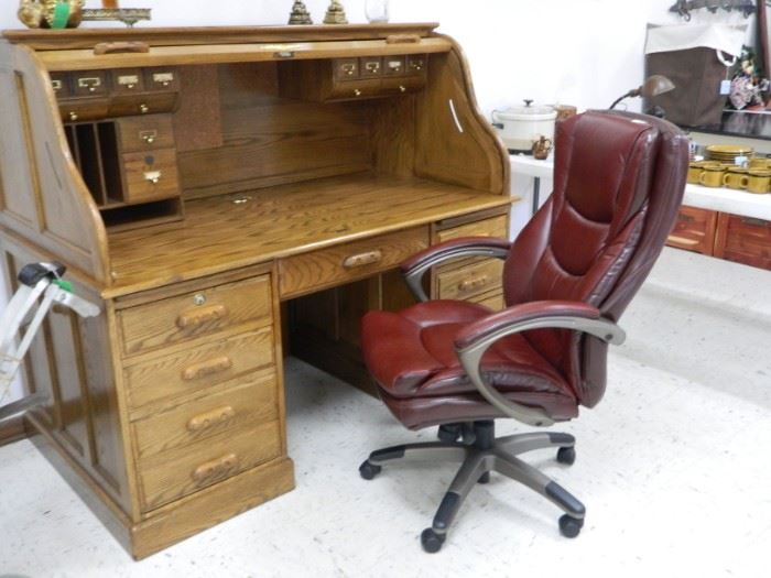 Roll top desk, leather desk chair