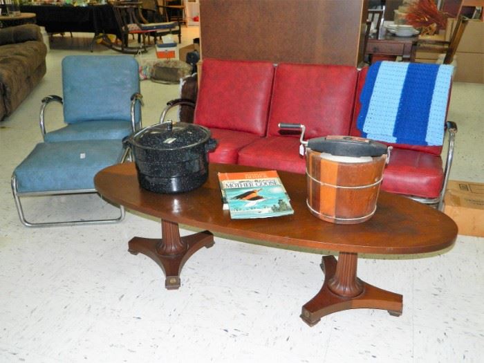Vintage metal & vinyl sofa, chair w/ottoman, coffee table