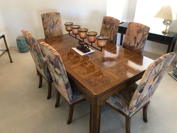 Drexel Heritage Walnut Burl Dining Table w/ 6 Padded chairs & 3 Leaves	29x46 x 75 to 142in (3x Leaves 22 in each) HxWxD
