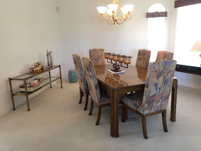 Drexel Heritage Walnut Burl Dining Table w/ 6 Padded chairs & 3 Leaves	29x46 x 75 to 142in (3x Leaves 22 in each) HxWxD