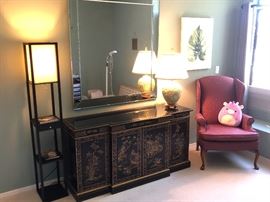 Drexel Heritage Et Cetera Chinoiserie Sideboard Cabinet Black Lacquer 30.5x60x20in HxWxD