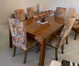 Drexel Heritage Walnut Burl Dining Table w/ 6 Padded chairs & 3 Leaves 29x46 x 75 to 142in (3x Leaves 22 in each) HxWxD