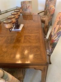 Drexel Heritage Walnut Burl Dining Table w/ 6 Padded chairs & 3 Leaves 29x46 x 75 to 142in (3x Leaves 22 in each) HxWxD