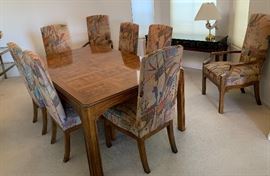 Drexel Heritage Walnut Burl Dining Table w/ 6 Padded chairs & 3 Leaves 29x46 x 75 to 142in (3x Leaves 22 in each) HxWxD