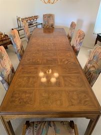 Drexel Heritage Walnut Burl Dining Table w/ 6 Padded chairs & 3 Leaves 29x46 x 75 to 142in (3x Leaves 22 in each) HxWxD