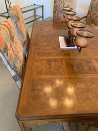 Drexel Heritage Walnut Burl Dining Table w/ 6 Padded chairs & 3 Leaves 29x46 x 75 to 142in (3x Leaves 22 in each) HxWxD