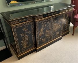 Drexel Heritage Et Cetera Chinoiserie Sideboard Cabinet Black Lacquer 30.5x60x20in HxWxD